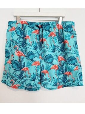 Pacific Scene Swim Trunks Size XL Blue Flamingo Lined Mesh Pocket Coastal Beachy